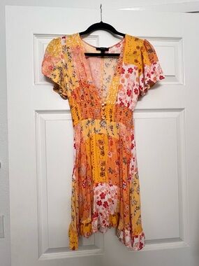 Forever 21 Yellow Patchwork Floral V-Neck Mini Dress